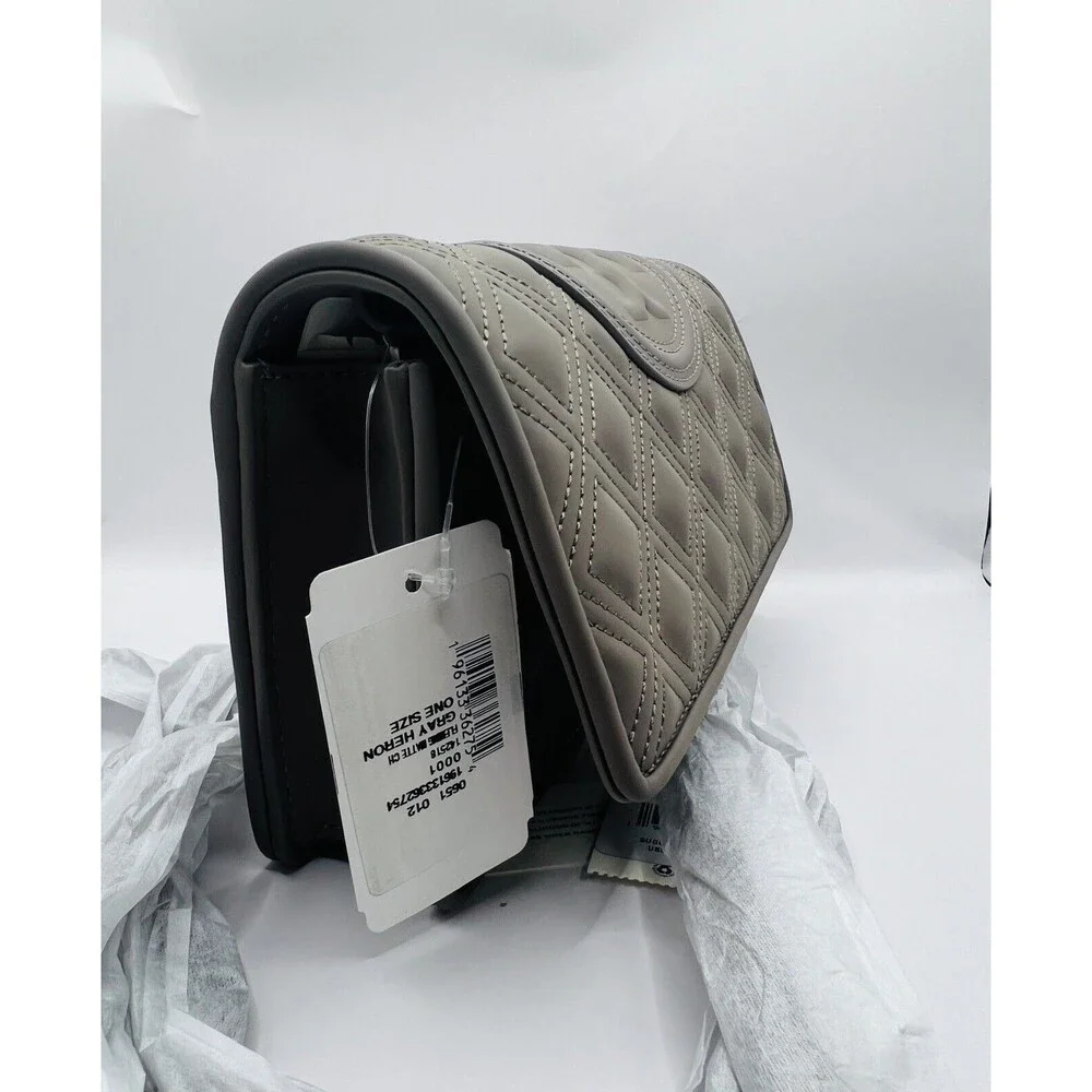 Tory Burch Fleming Matte Wallet on Chain Crossbody Clutch Gray Heron New $448